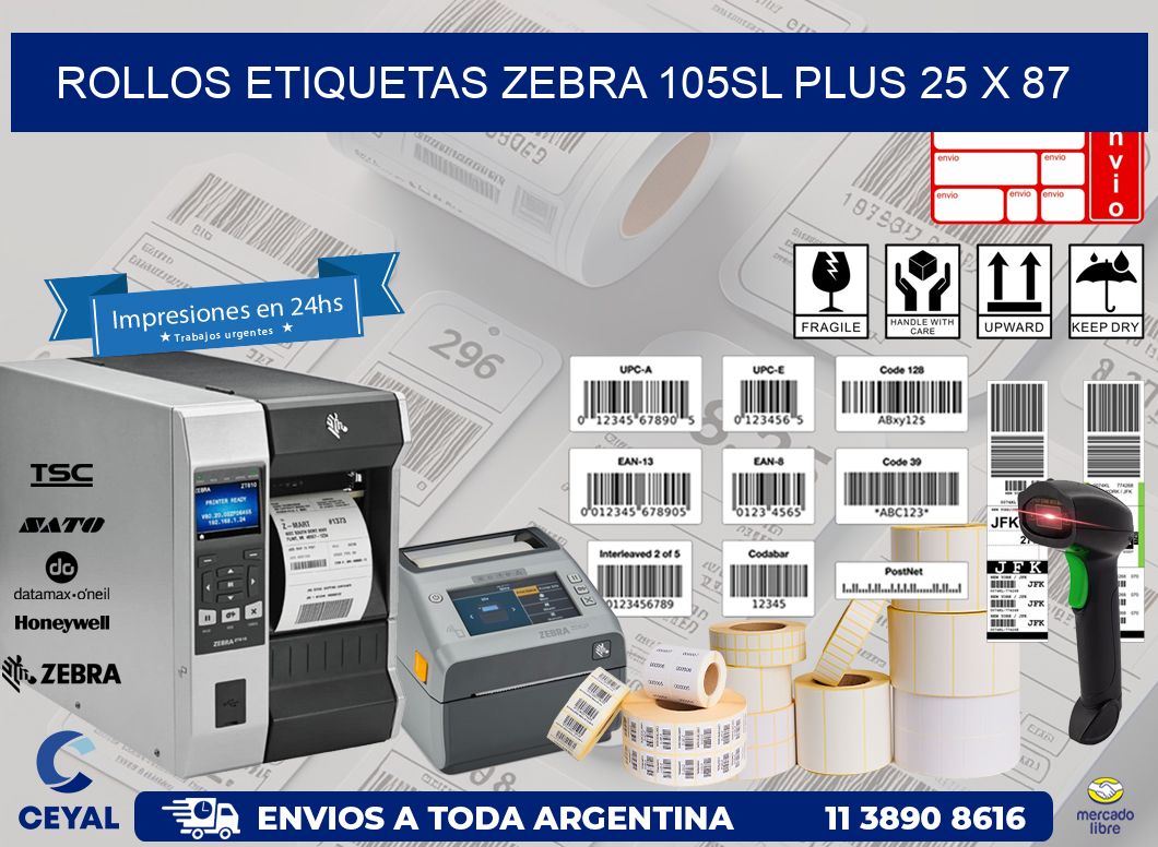 ROLLOS ETIQUETAS Zebra 105SL Plus 25 x 87