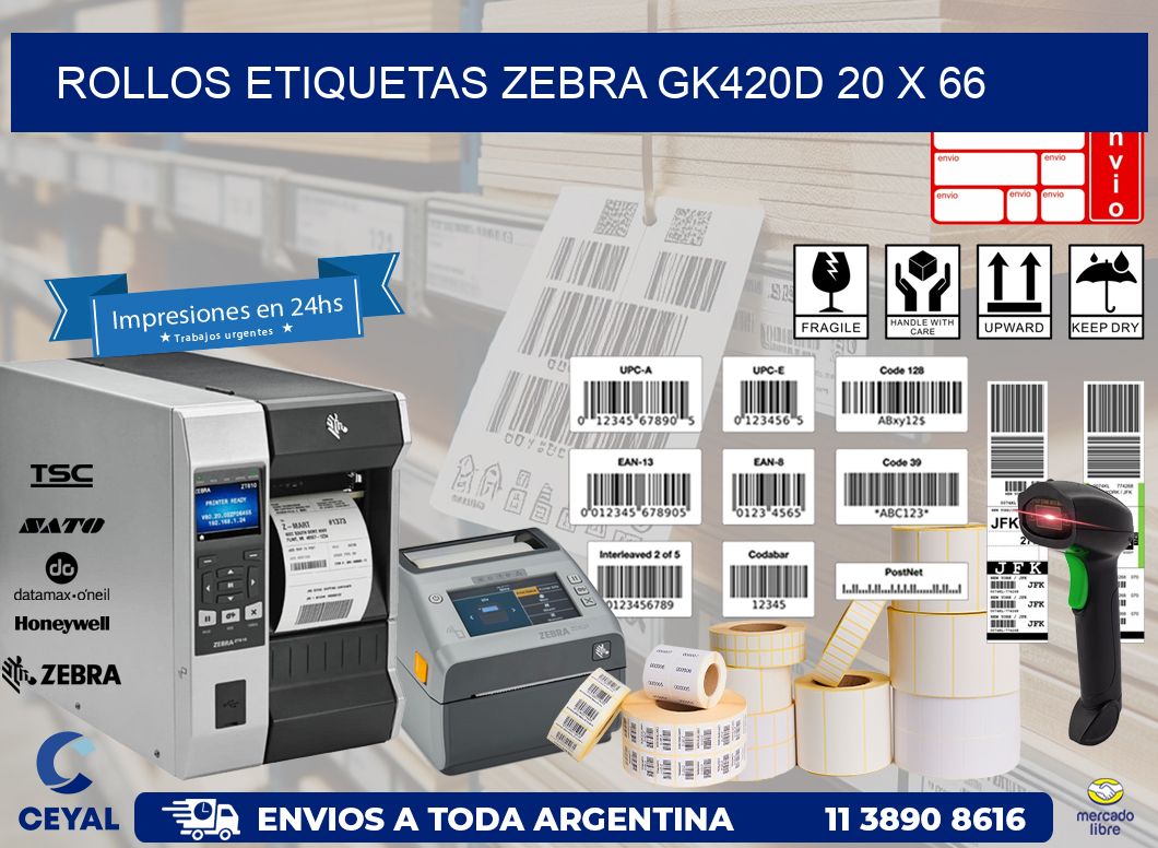 ROLLOS ETIQUETAS Zebra GK420D 20 x 66