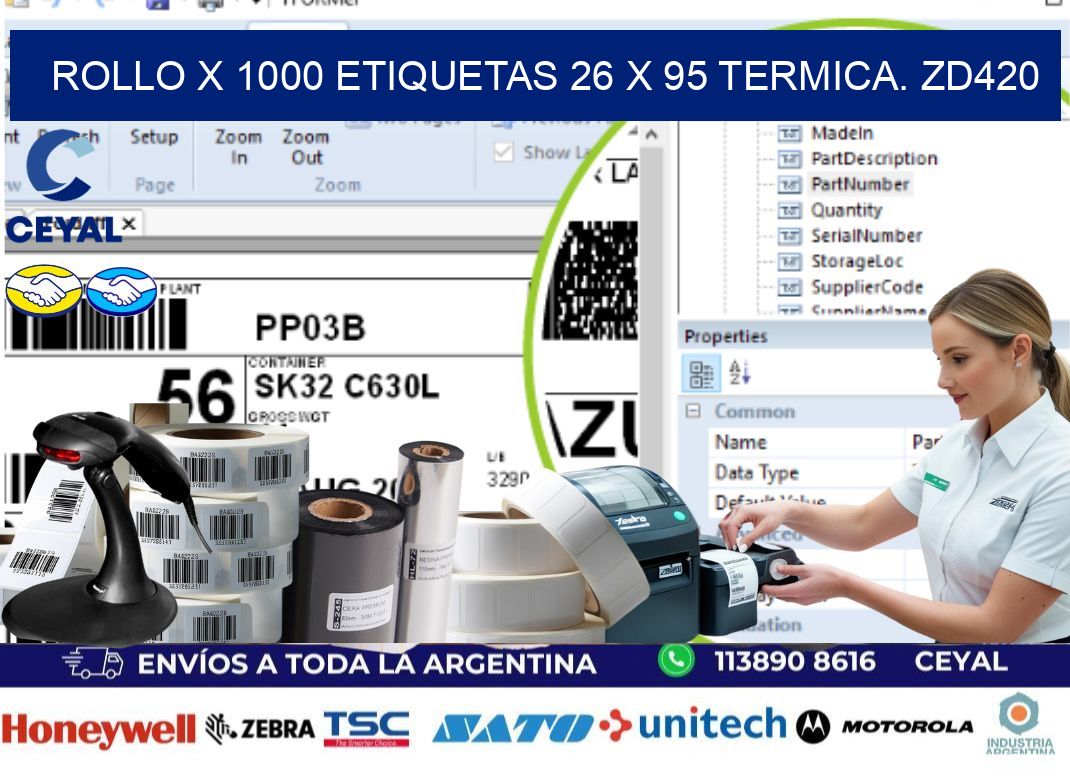 Rollo X 1000 etiquetas 26 x 95 termica. zd420