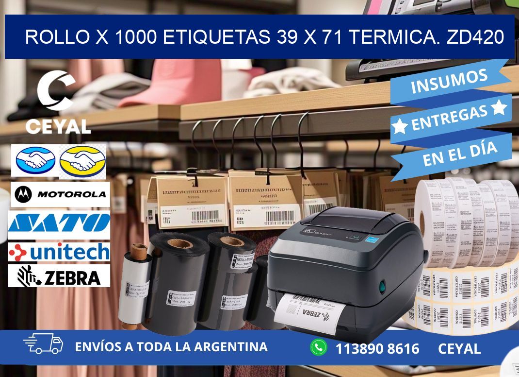 Rollo X 1000 etiquetas 39 x 71 termica. zd420