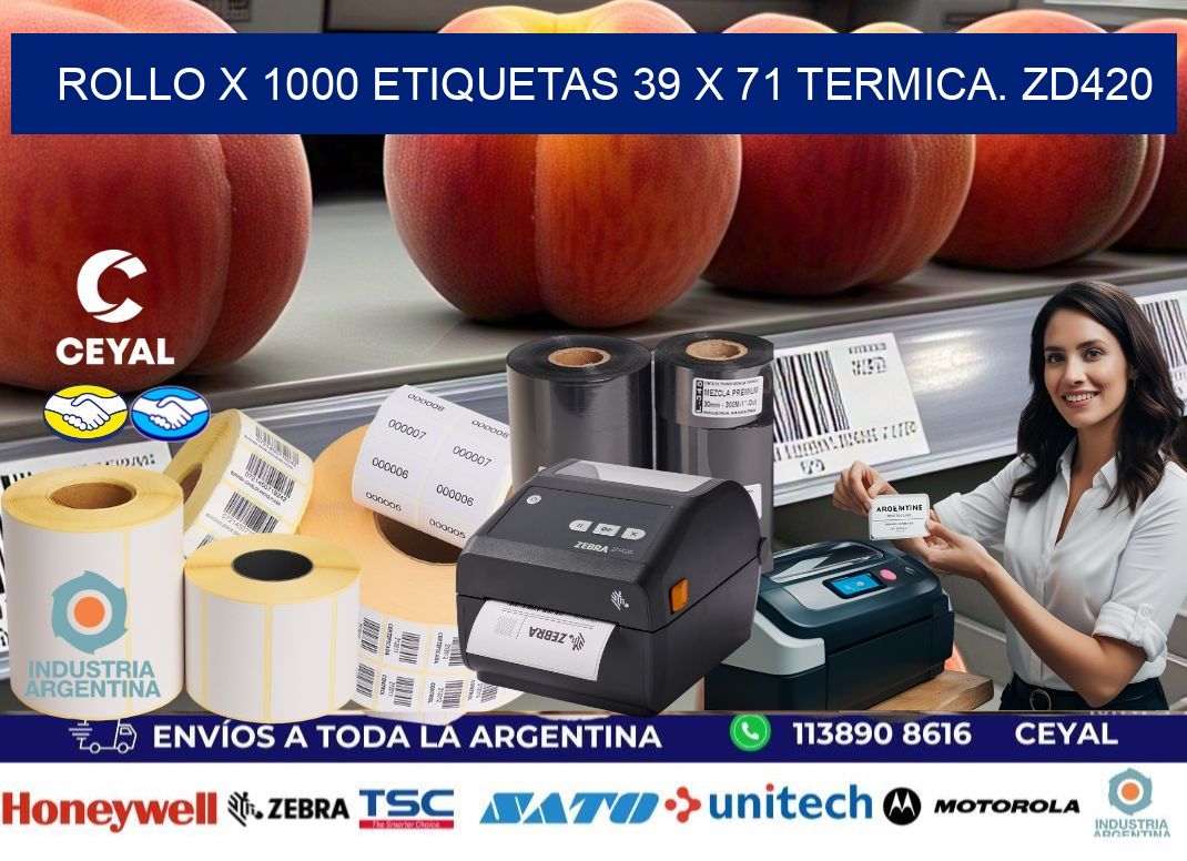 Rollo X 1000 etiquetas 39 x 71 termica. zd420
