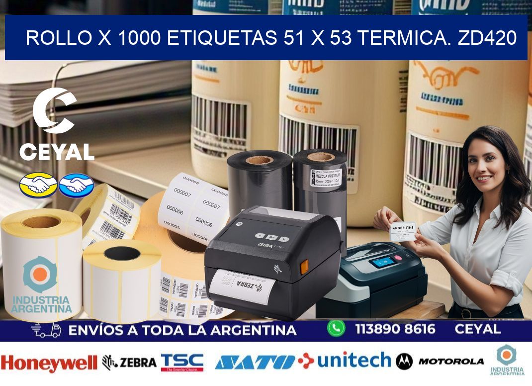 Rollo X 1000 etiquetas 51 x 53 termica. zd420