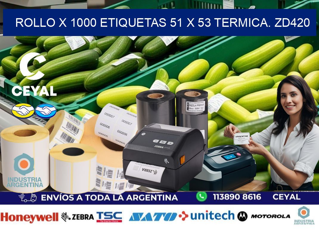 Rollo X 1000 etiquetas 51 x 53 termica. zd420