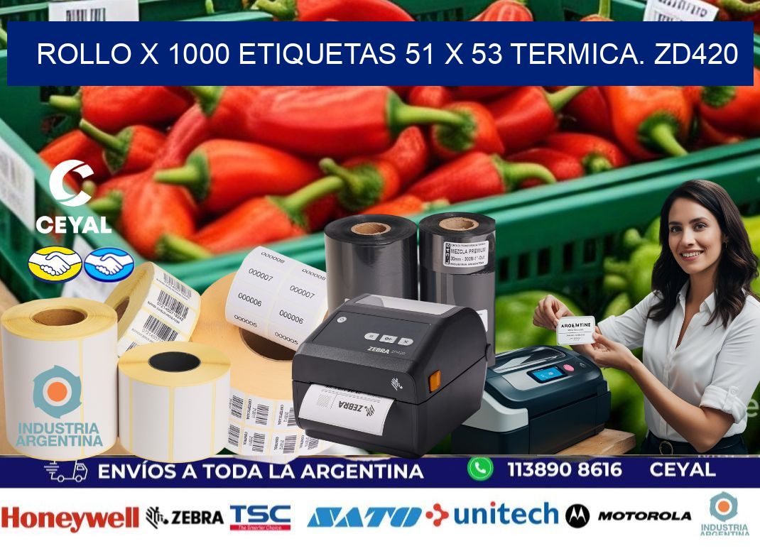 Rollo X 1000 etiquetas 51 x 53 termica. zd420