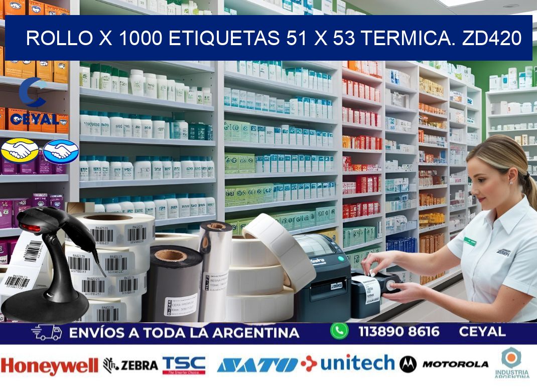 Rollo X 1000 etiquetas 51 x 53 termica. zd420