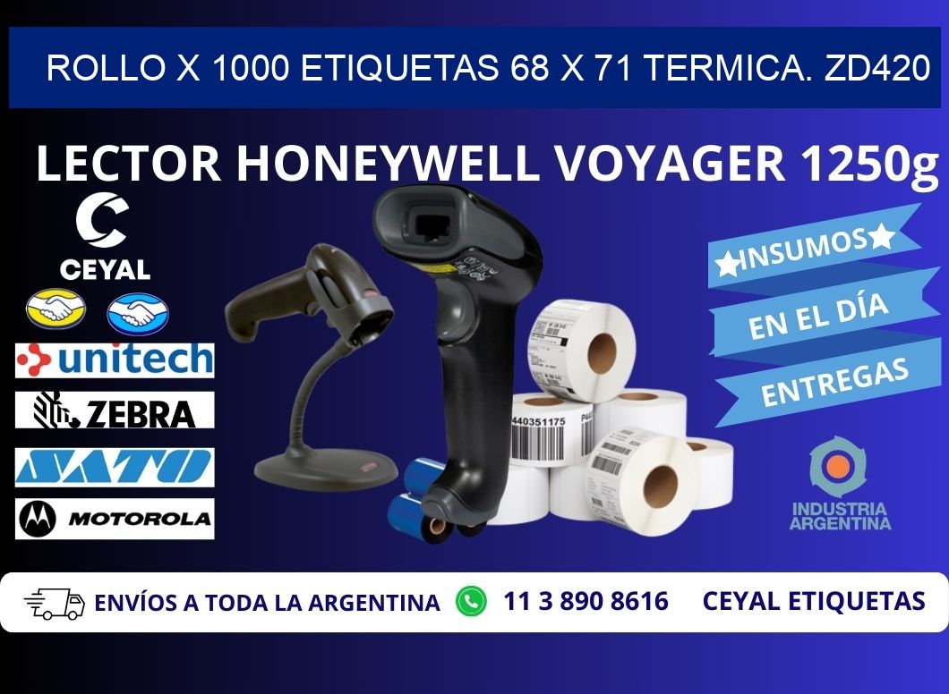 Rollo X 1000 etiquetas 68 x 71 termica. zd420
