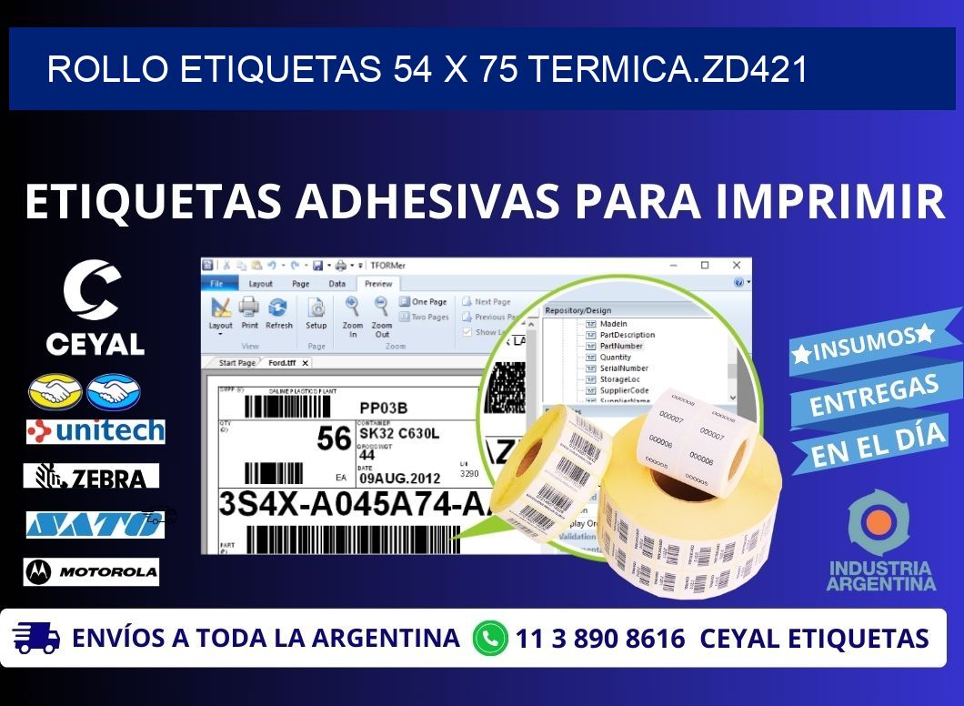 Rollo etiquetas 54 x 75 termica.zd421