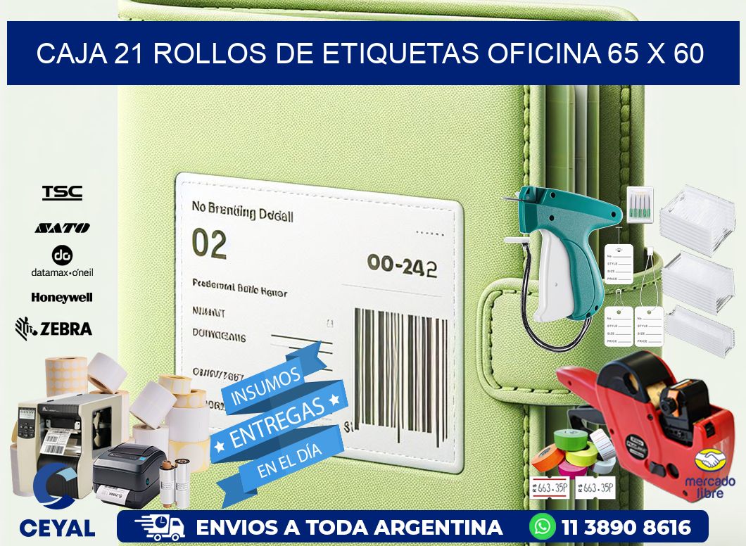 CAJA 21 ROLLOS DE ETIQUETAS OFICINA 65 x 60