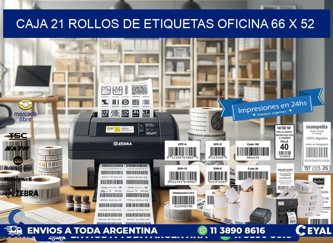 CAJA 21 ROLLOS DE ETIQUETAS OFICINA 66 x 52