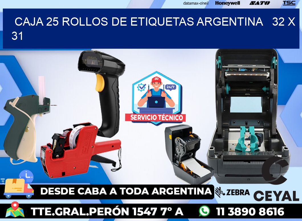 CAJA 25 ROLLOS DE ETIQUETAS ARGENTINA   32 x 31