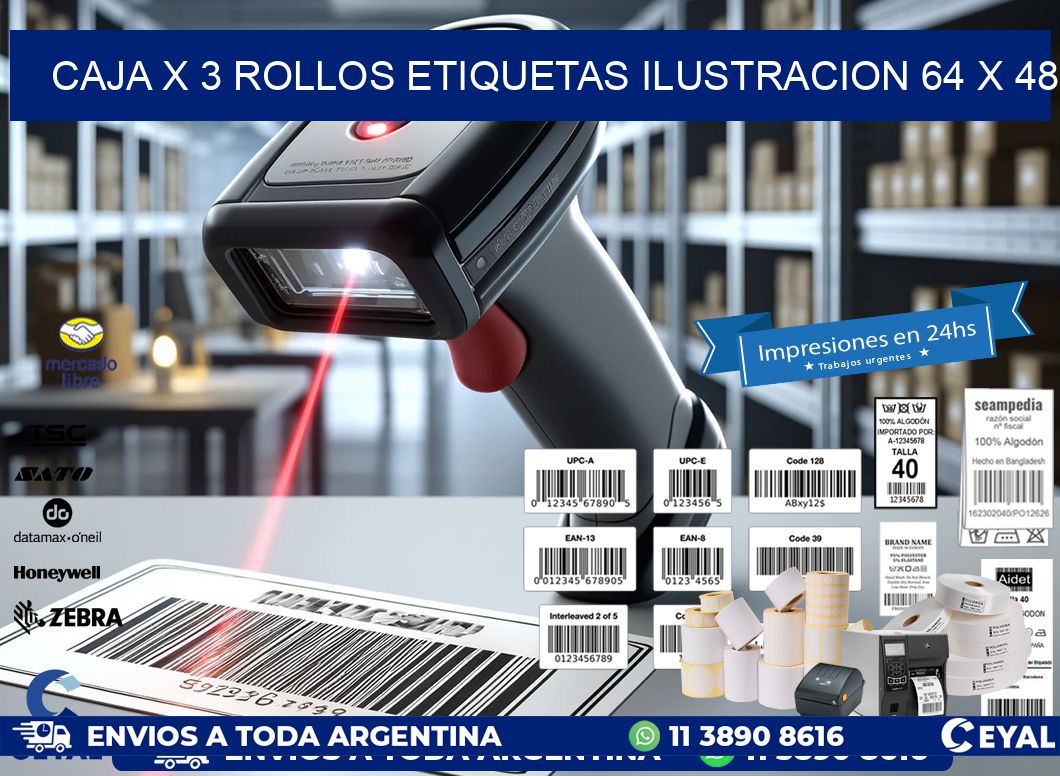Caja X 3 Rollos Etiquetas Ilustracion 64 x 48