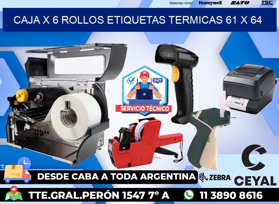 Caja X 6 Rollos Etiquetas termicas 61 x 64