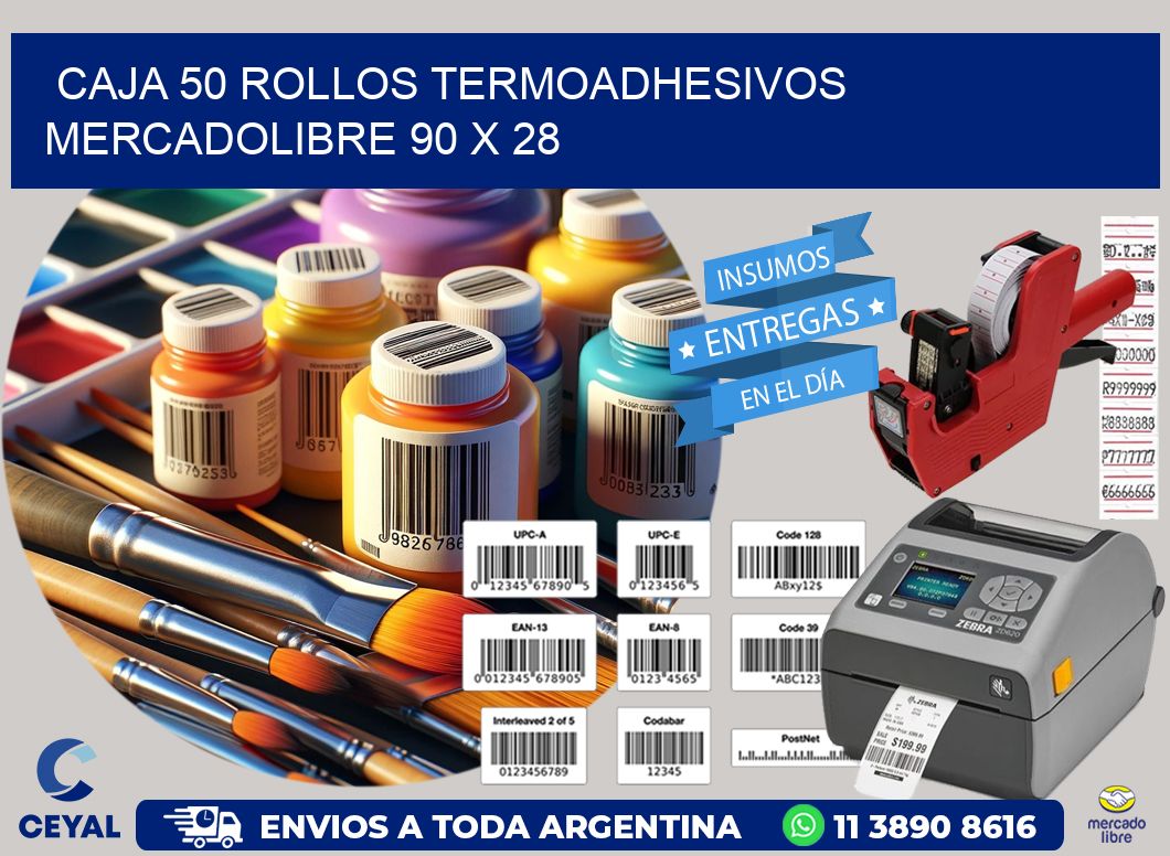 CAJA 50 ROLLOS TERMOADHESIVOS MERCADOLIBRE 90 x 28