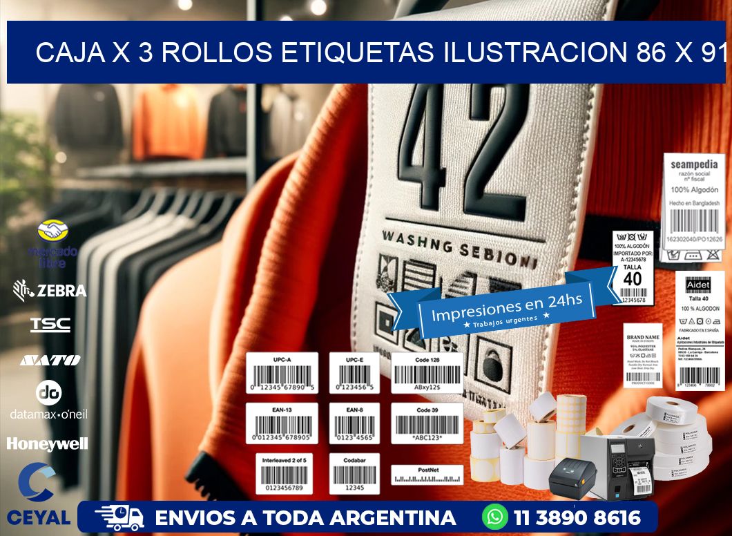 Caja X 3 Rollos Etiquetas Ilustracion 86 x 91