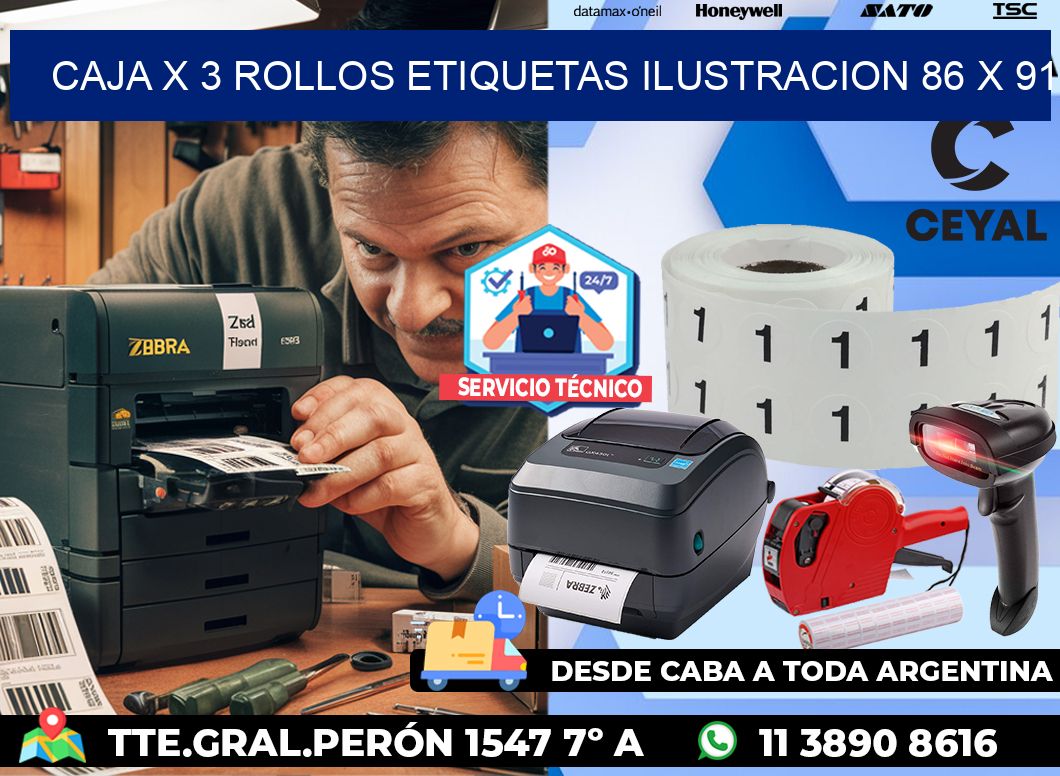 Caja X 3 Rollos Etiquetas Ilustracion 86 x 91
