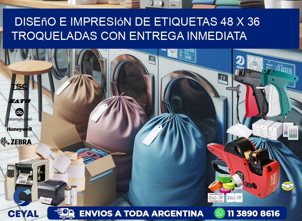 Diseño e impresión de etiquetas 48 x 36 troqueladas con entrega inmediata