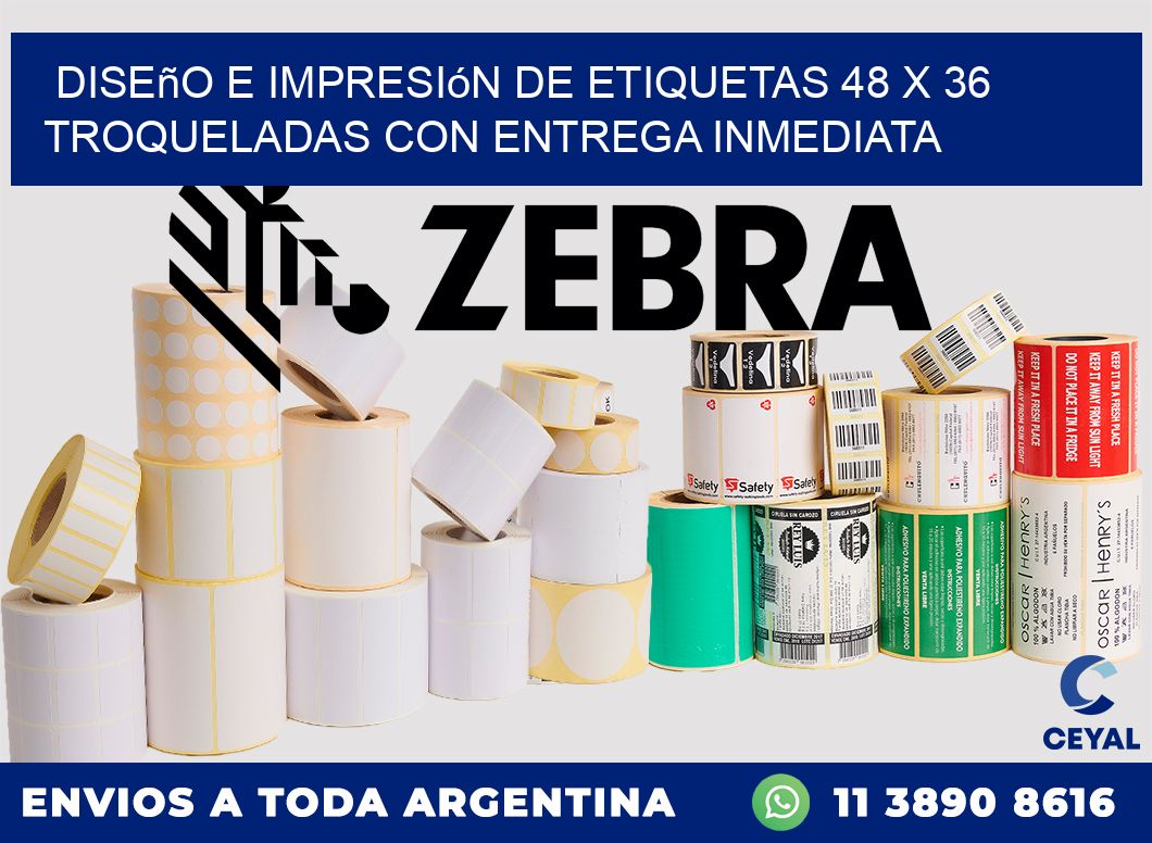 Diseño e impresión de etiquetas 48 x 36 troqueladas con entrega inmediata