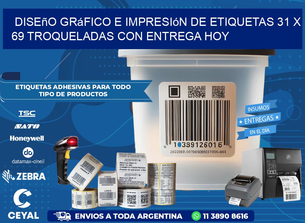 Diseño gráfico e impresión de etiquetas 31 x 69 troqueladas con entrega hoy
