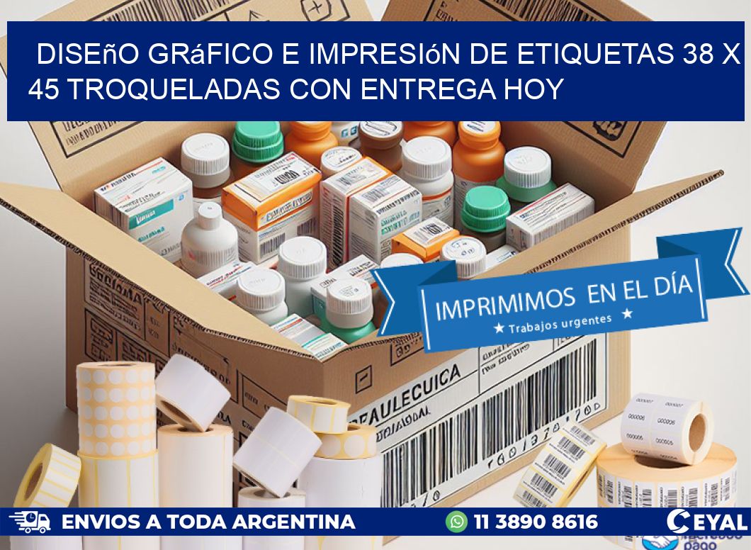 Diseño gráfico e impresión de etiquetas 38 x 45 troqueladas con entrega hoy