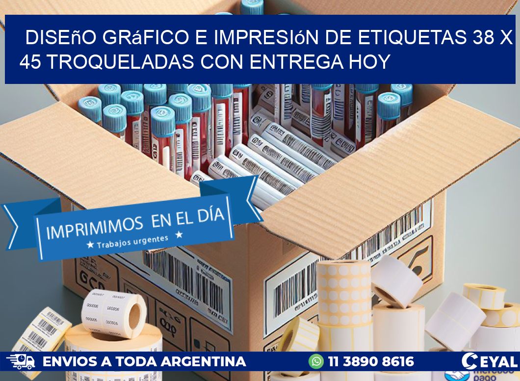 Diseño gráfico e impresión de etiquetas 38 x 45 troqueladas con entrega hoy