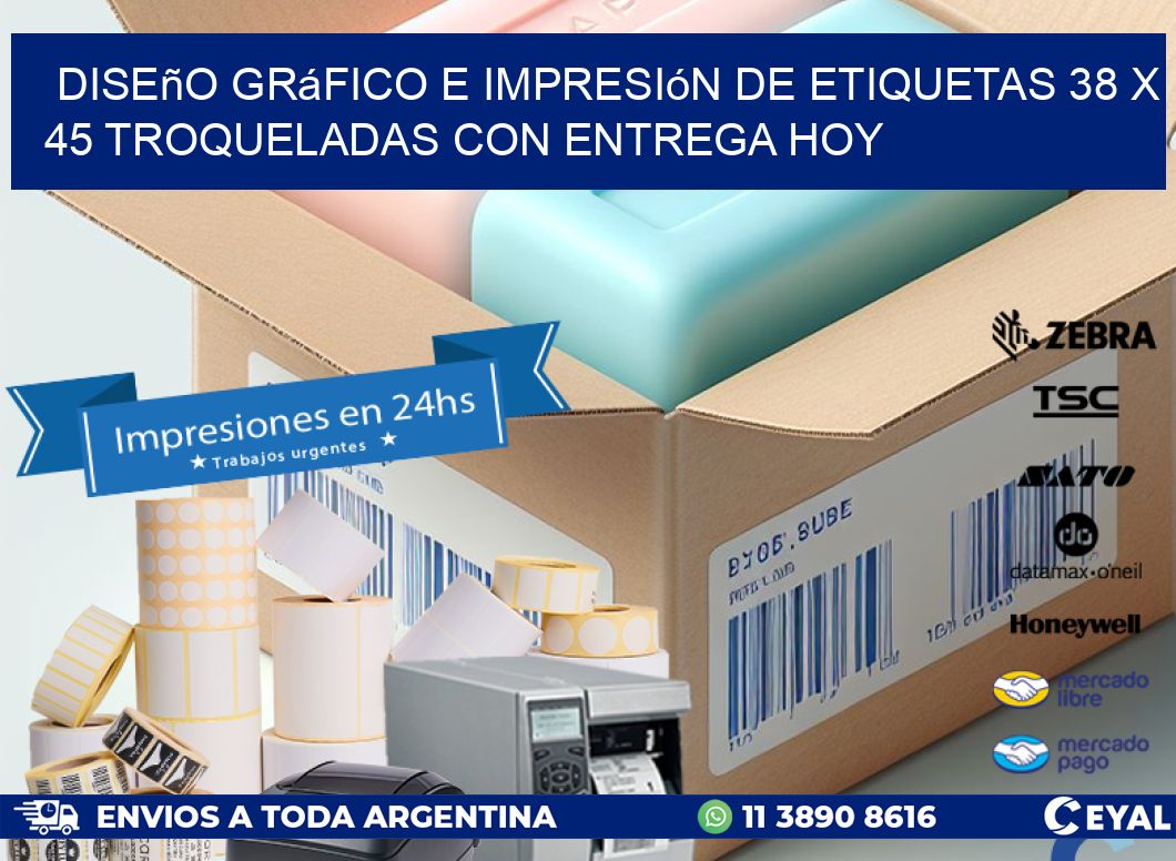 Diseño gráfico e impresión de etiquetas 38 x 45 troqueladas con entrega hoy