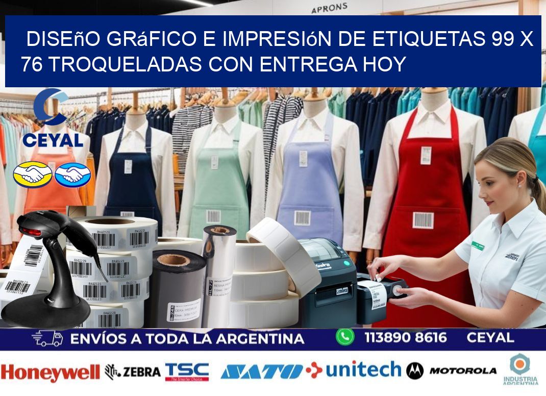 Diseño gráfico e impresión de etiquetas 99 x 76 troqueladas con entrega hoy
