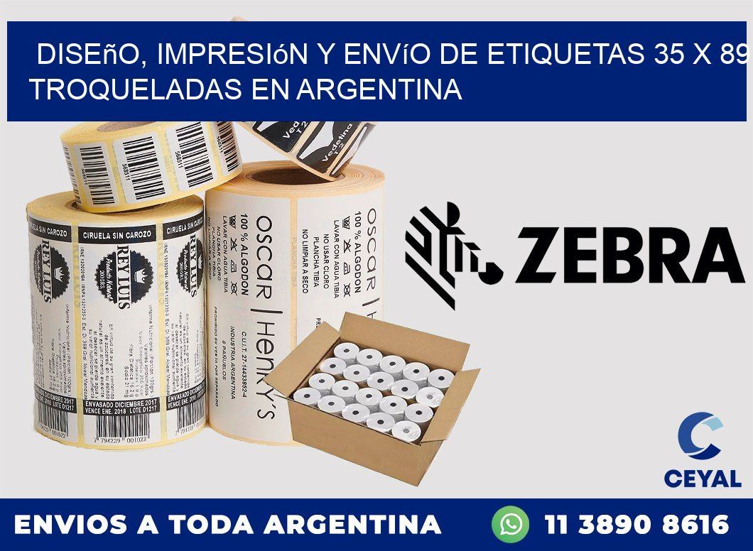 Diseño, impresión y envío de etiquetas 35 x 89 troqueladas en Argentina