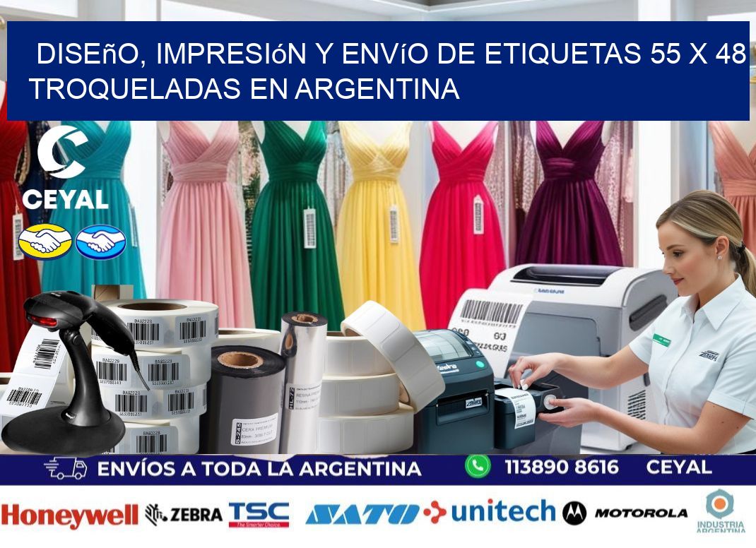 Diseño, impresión y envío de etiquetas 55 x 48 troqueladas en Argentina