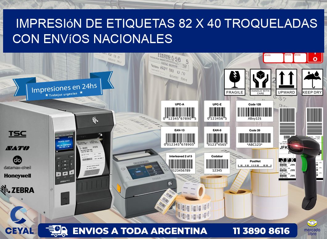 Impresión de etiquetas 82 x 40 troqueladas con envíos nacionales