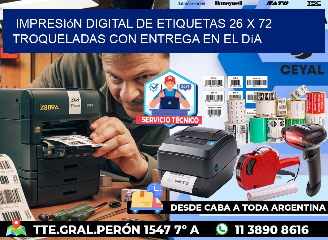 Impresión digital de etiquetas 26 x 72 troqueladas con entrega en el día