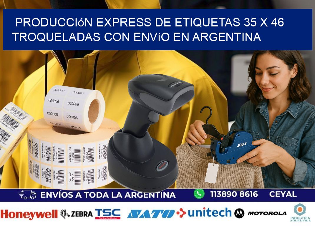 Producción express de etiquetas 35 x 46 troqueladas con envío en Argentina