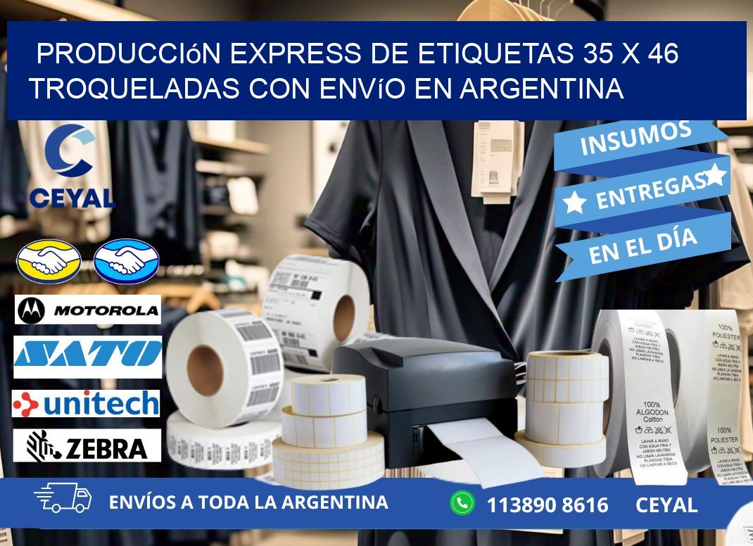 Producción express de etiquetas 35 x 46 troqueladas con envío en Argentina