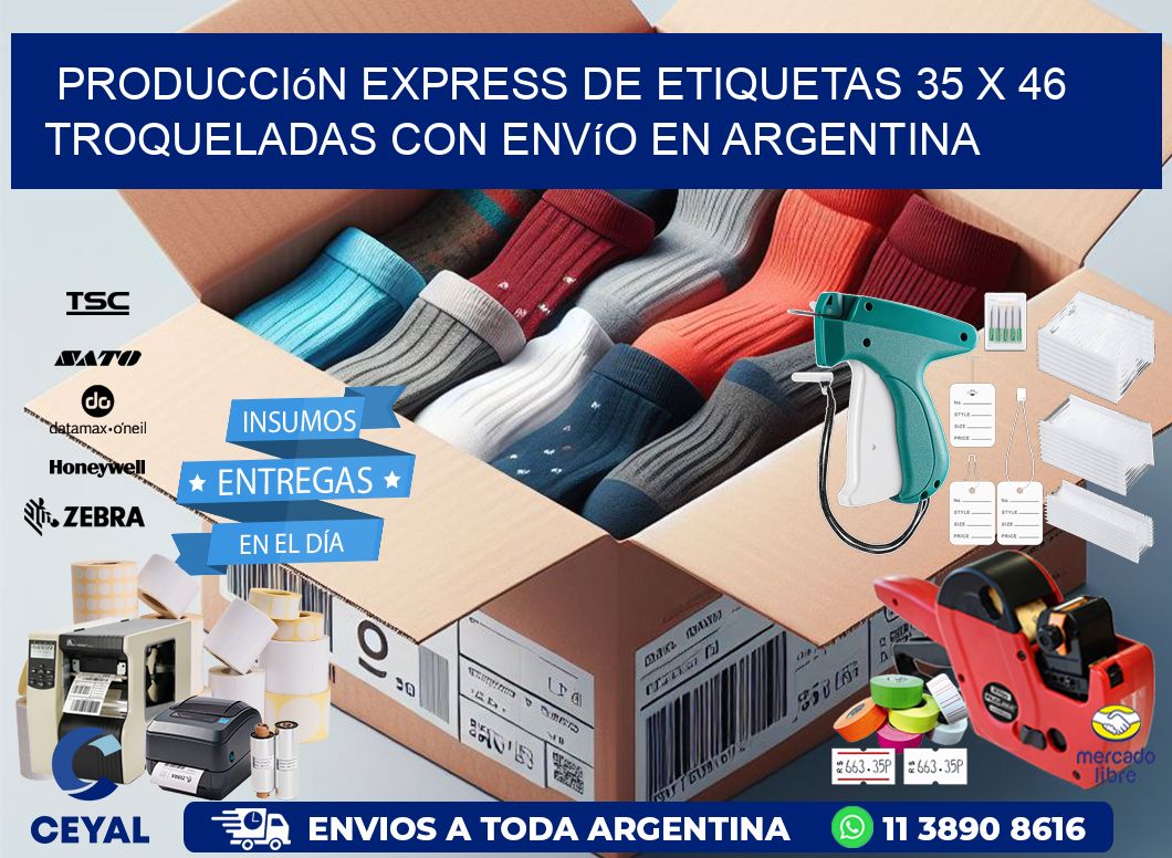 Producción express de etiquetas 35 x 46 troqueladas con envío en Argentina