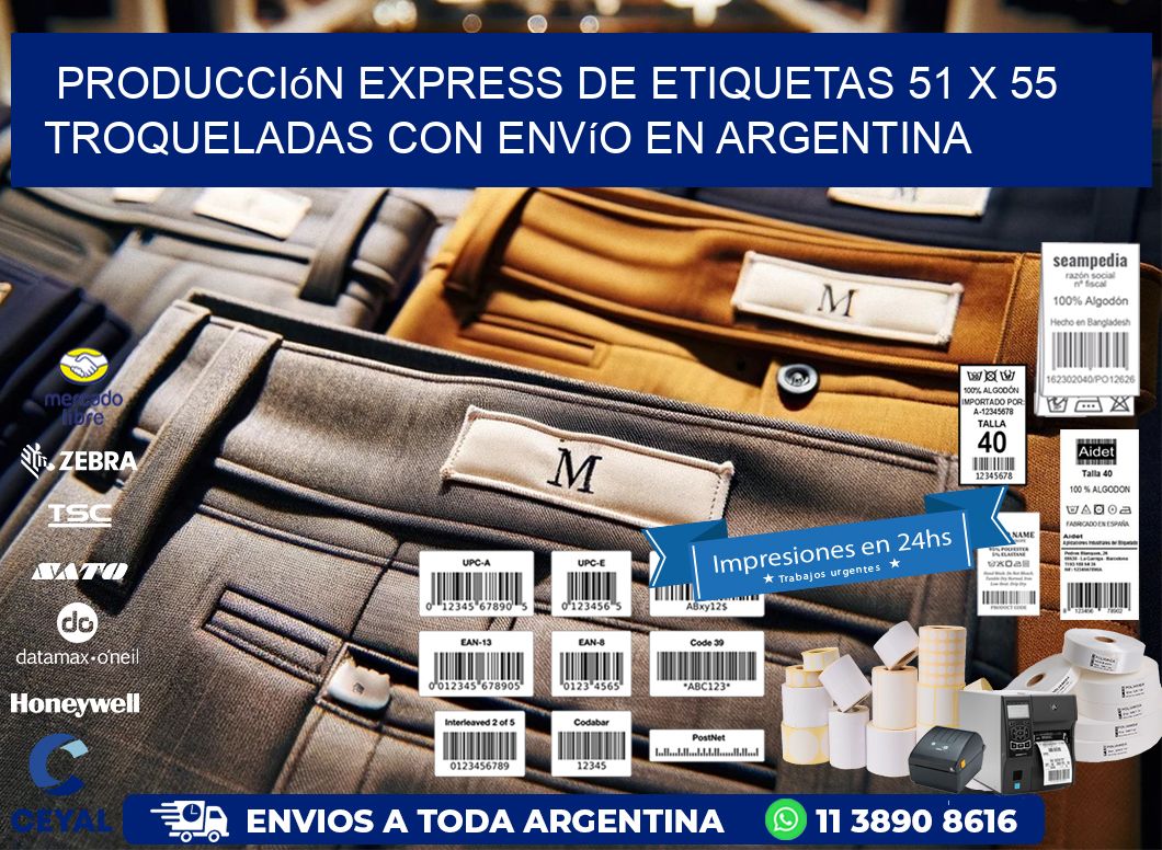 Producción express de etiquetas 51 x 55 troqueladas con envío en Argentina