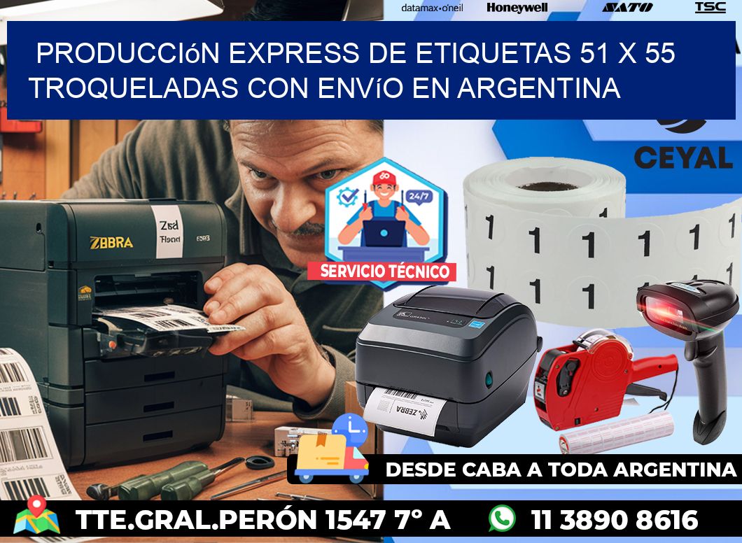 Producción express de etiquetas 51 x 55 troqueladas con envío en Argentina
