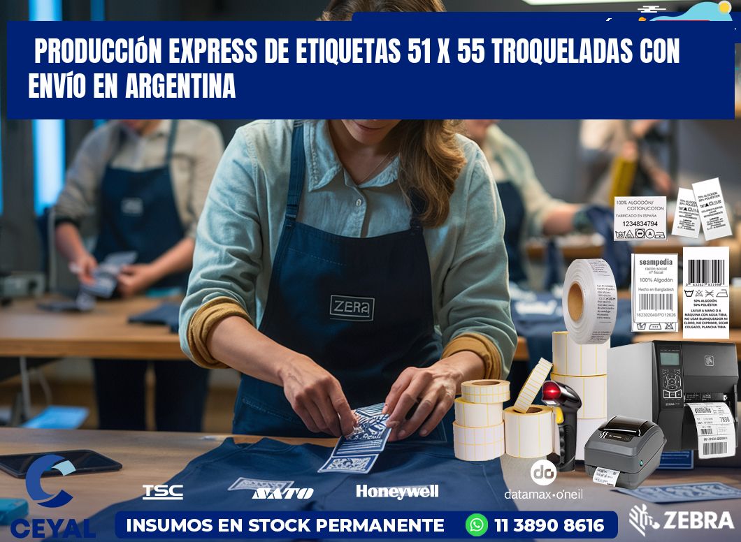 Producción express de etiquetas 51 x 55 troqueladas con envío en Argentina