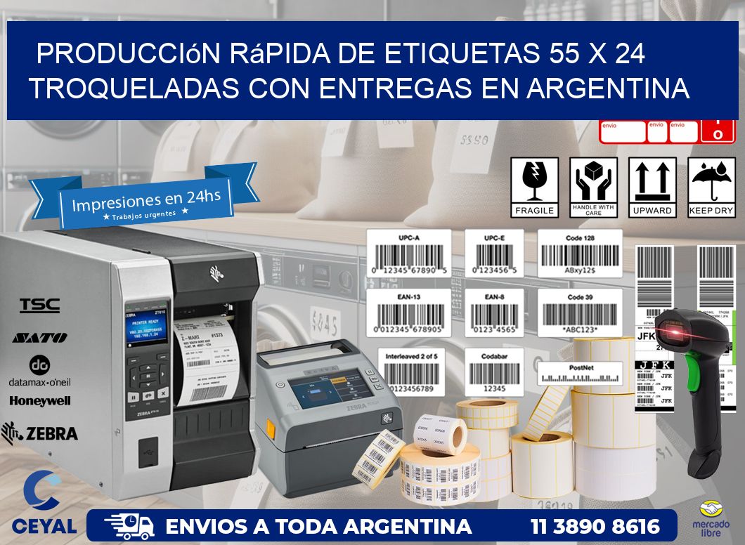 Producción rápida de etiquetas 55 x 24 troqueladas con entregas en Argentina