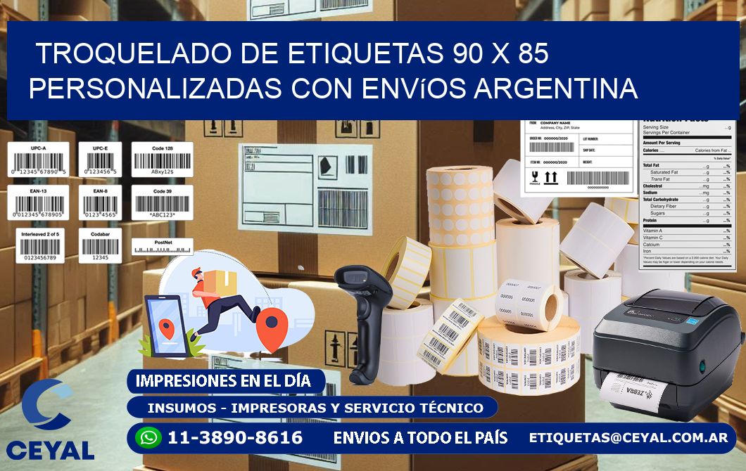 Troquelado de etiquetas 90 x 85 personalizadas con envíos Argentina