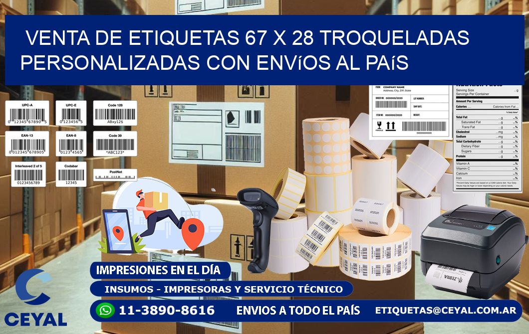 Venta de etiquetas 67 x 28 troqueladas personalizadas con envíos al país
