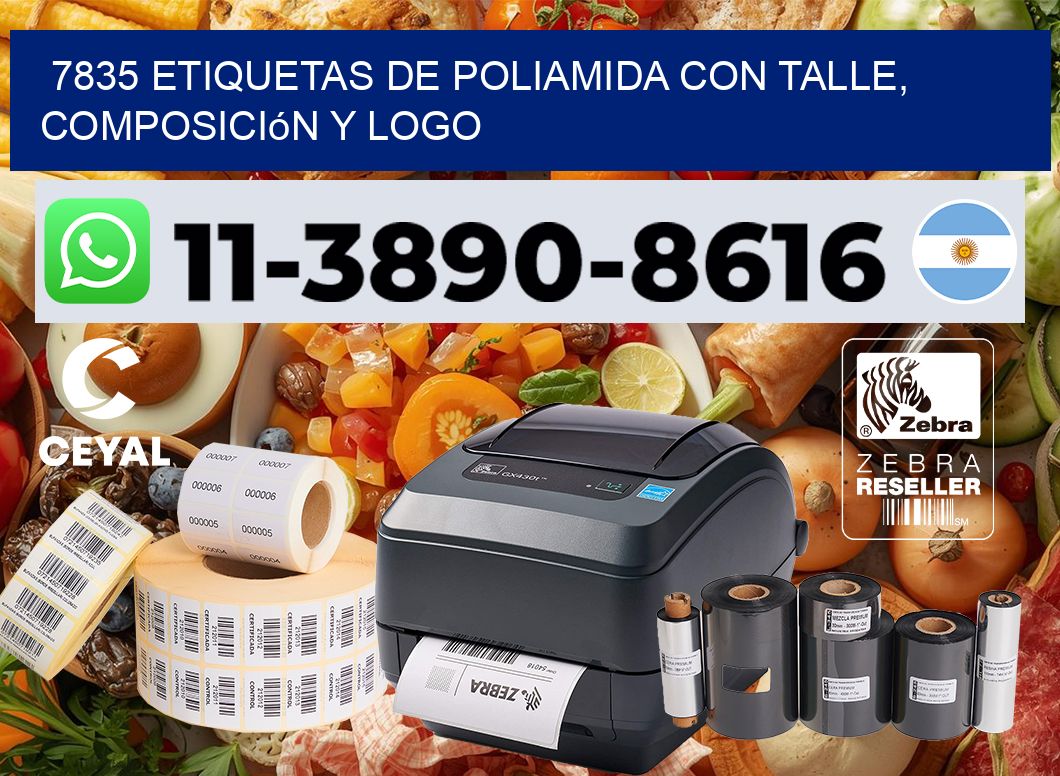 7835 Etiquetas de poliamida con talle, composición y logo