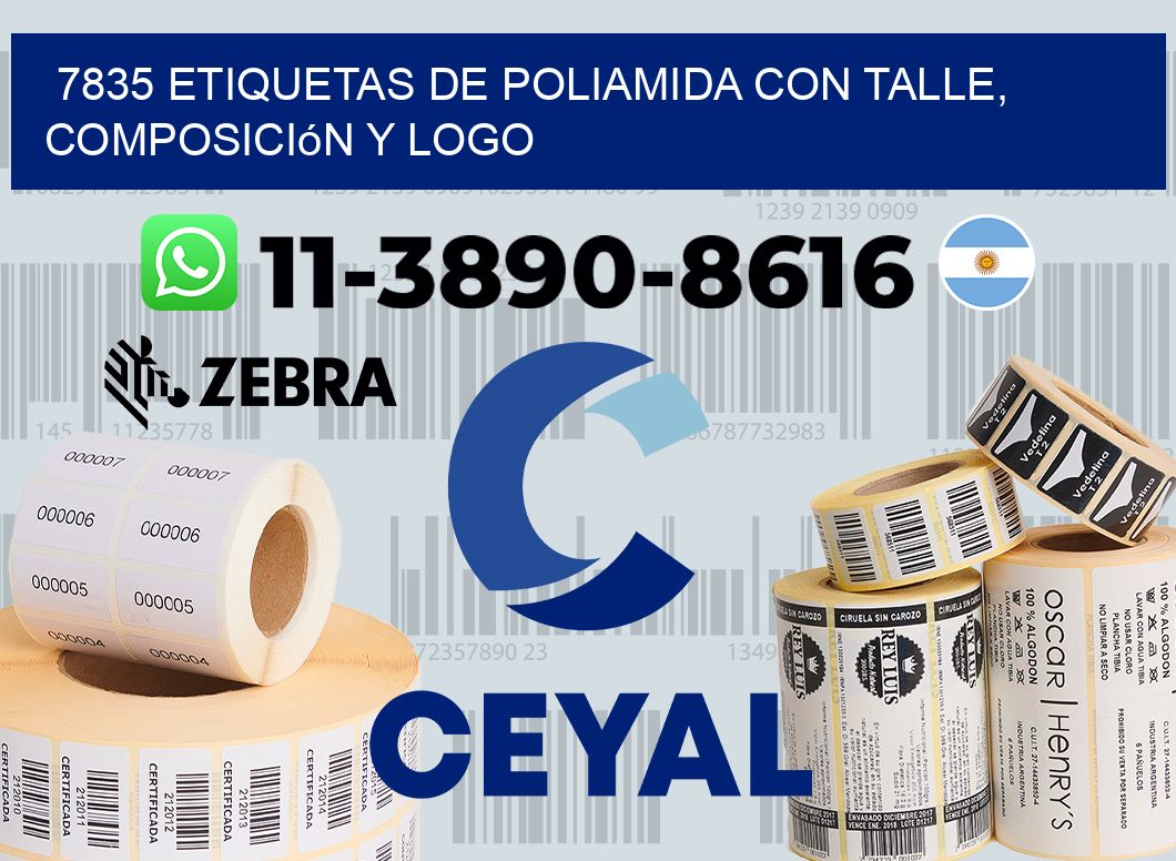 7835 Etiquetas de poliamida con talle, composición y logo
