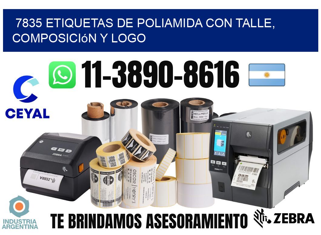 7835 Etiquetas de poliamida con talle, composición y logo