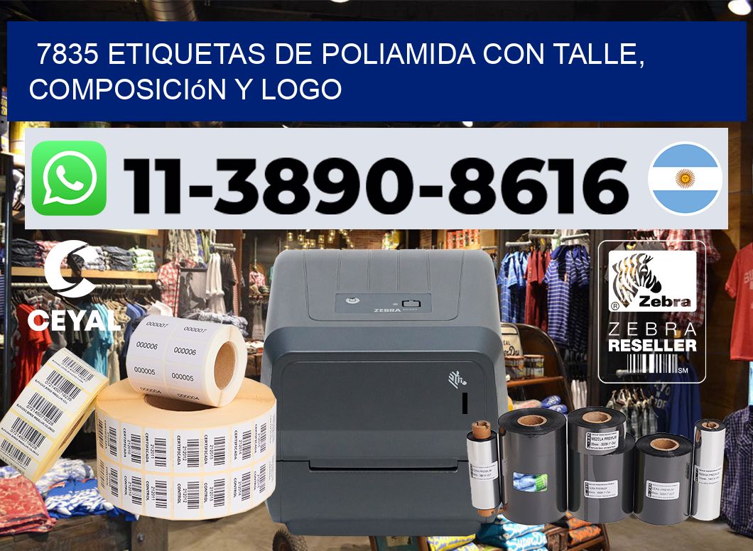 7835 Etiquetas de poliamida con talle, composición y logo