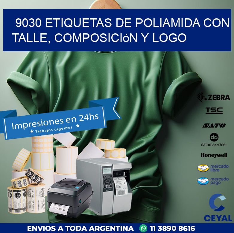 9030 Etiquetas de poliamida con talle, composición y logo