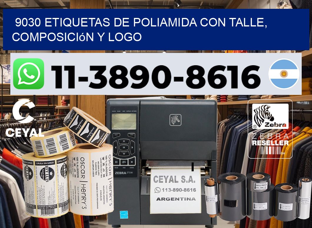 9030 Etiquetas de poliamida con talle, composición y logo