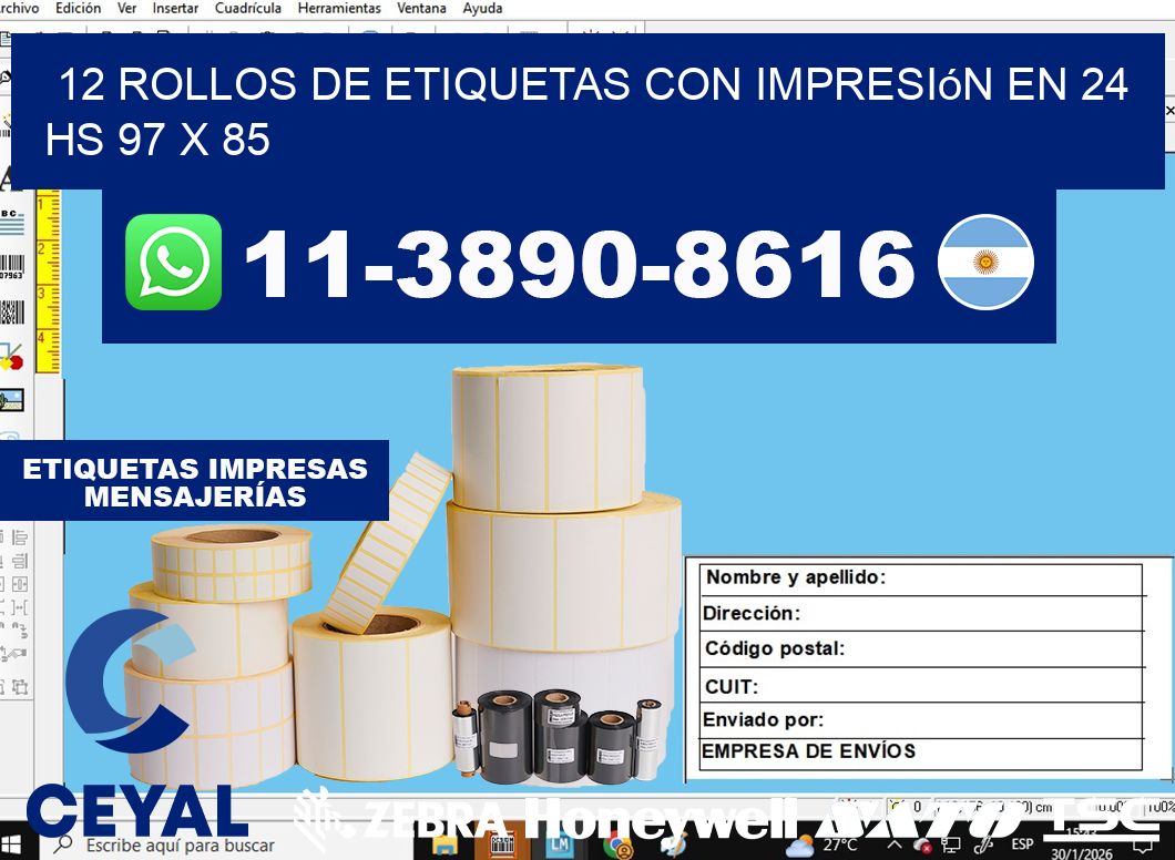 12 rollos de etiquetas con impresión en 24 hs 97 x 85