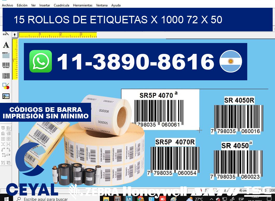 15 rollos de etiquetas x 1000 72 x 50