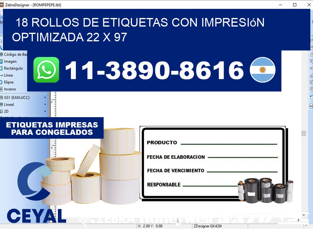 18 rollos de etiquetas con impresión optimizada 22 x 97