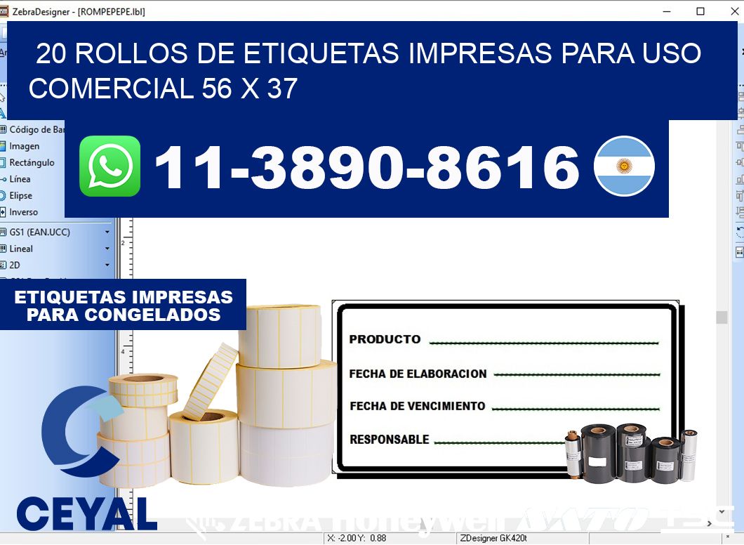 20 rollos de etiquetas impresas para uso comercial 56 x 37