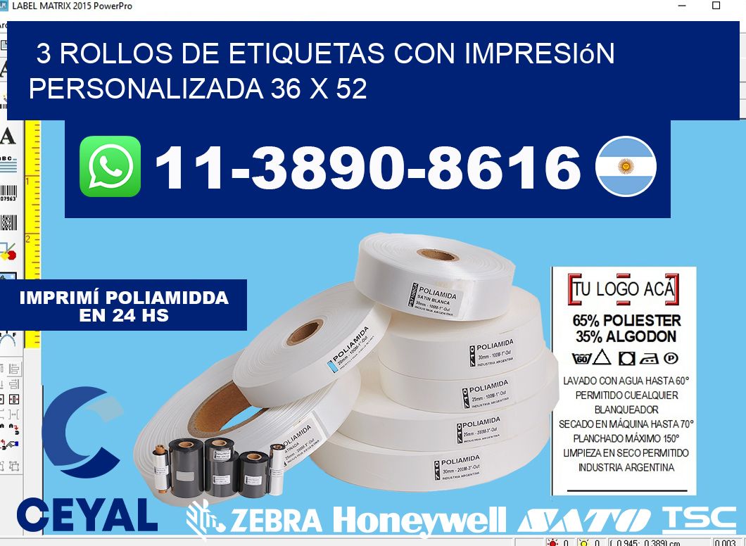 3 rollos de etiquetas con impresión personalizada 36 x 52